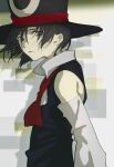  1other absurdres androgynous black_eyes black_hair black_headwear black_vest chinese_commentary closed_mouth collared_shirt commentary_request detached_sleeves enraku_tsubakura eyes_visible_through_hair hat highres len&#039;en long_sleeves neck_ribbon other_focus red_ribbon ribbon shirt short_hair sleeveless sleeveless_shirt solo upper_body vest white_shirt white_sleeves wide_sleeves zs130826 