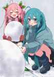  2girls ahoge blue_eyes blue_hair blush cherry_hair_ornament closed_mouth food-themed_hair_ornament hair_ornament hatsune_miku highres holding_snowball long_hair long_sleeves loose_socks mittens multiple_girls open_mouth outdoors oyu_(umyu13137) pink_hair sakura_miku scarf skirt smile snow snowing snowman socks spring_onion squatting striped_clothes striped_scarf sweater twintails very_long_hair vocaloid 