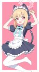  1girl animal_ear_headphones animal_ears apron black_dress blonde_hair blue_archive blush cat_tail dress fake_animal_ears frilled_apron frilled_dress frills halo headphones highres looking_at_viewer maid maid_apron maid_headdress millet_pepper momoi_(blue_archive) momoi_(maid)_(blue_archive) official_alternate_costume open_mouth pink_halo puffy_short_sleeves puffy_sleeves red_eyes short_hair short_sleeves smile solo tail thigh-highs white_apron white_thighhighs 