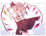  1girl ascot blonde_hair cowboy_shot crystal cup dress flandre_scarlet frills from_side hat hat_ribbon highres holding holding_cup looking_at_viewer medium_hair mob_cap nacht_musik red_dress red_eyes red_ribbon ribbon simple_background solo touhou wings yellow_ascot 
