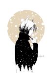  1boy adjusting_clothes artist_name blush demon_boy ear_blush from_side grausam hand_blush hand_up highres horns long_sleeves male_focus monochrome nose_blush open_mouth pine_tree profile sakichi_(sakichi0915) short_hair snow_print snowing solo sousou_no_frieren sweater tree tree_print turtleneck turtleneck_sweater upper_body 