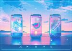 absurdres blue_theme border can clouds crescent_moon drink_can gradient_sky highres media_player_interface moon mountainous_horizon no_humans ocean original outdoors reflection simple_bird sky sunset surreal transparent tropical_fish user_interface wacca005 water 