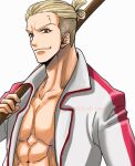  1boy abs absurdres artist_name blonde_hair closed_mouth commentary_request high_ponytail highres holding holding_weapon hongou long_sleeves looking_at_viewer male_focus one_piece open_clothes ponytail short_hair short_ponytail simple_background smile solo stitched_face stitches tx_makoto weapon white_background 