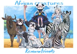  5girls animal animal_ears animal_print belt black_eyes black_hair black_wildebeest_(kemono_friends) blue_wildebeest_(kemono_friends) bow bowtie chapman&#039;s_zebra_(kemono_friends) dress elbow_gloves extra_ears gloves grey_hair hair_ornament horns kemono_friends kemono_friends_3 looking_at_viewer multiple_girls ostrich_(kemono_friends) outdoors pantyhose plains_zebra_(kemono_friends) scarf shirt shoes short_hair shorts skirt sleeveless suspenders tail thigh-highs white_hair yamaguchi_yoshimi zebra_ears zebra_girl zebra_print 