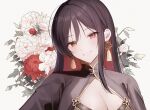  1girl absurdres black_hair bouquet breasts dress earrings flower goddess_of_victory:_nikke highres jewelry kumo_tabetai looking_at_viewer moran_(nikke) multicolored_hair red_eyes redhead simple_background smile solo upper_body white_background 