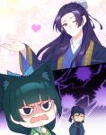  1girl 2boys animal_ears blue_headwear blunt_bangs bun_cover cat_ears chinese_clothes disgust freckles gaoshun_(kusuriya_no_hitorigoto) green_hair hanfu heart highres jinshi_(kusuriya_no_hitorigoto) kitsuneco kusuriya_no_hitorigoto long_hair long_sleeves maomao_(kusuriya_no_hitorigoto) multi-tied_hair multiple_boys one_eye_closed open_mouth purple_hair sparkle_background v-shaped_eyebrows wide_sleeves 