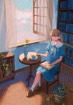  1girl blonde_hair blue_bow blue_dress book book_stack bookshelf bow cabinet closed_mouth crossed_legs cup curtains day dress dyuba000 flower hair_bow highres indoors loafers long_hair open_book open_window original plate puffy_sleeves rose sailor_collar shoes sitting socks solo sunlight table teacup twintails vase violet_eyes wallpaper_(object) white_sailor_collar white_socks window windowsill yellow_flower yellow_rose 