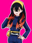  1girl :d black_hair blue_jacket blue_pants blueberry_academy_school_uniform carmine_(pokemon) crossed_bangs eyelashes fanny_pack gloves hair_between_eyes hairband hand_on_own_hip highres jacket long_hair long_sleeves looking_at_viewer mole mole_under_eye multicolored_hair open_mouth pants pink_background pokemon pokemon_sv red_gloves redhead school_uniform single_glove smile solo two-tone_hair umehime yellow_hairband 