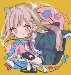  1girl :t blush controller danganronpa_(series) edge_0605 flipped_hair galaga hair_ornament highres holding holding_controller hood hood_down hoodie long_sleeves looking_at_viewer monomi_(danganronpa) nanami_chiaki neck_ribbon pink_eyes pink_hair ribbon shoes short_hair skirt stuffed_animal stuffed_rabbit stuffed_toy tetris thigh-highs yellow_background 