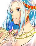  1girl blue_eyes blue_hair close-up commentary_request crying earrings half_updo highres holding jewelry light_blue_hair long_hair looking_to_the_side necklace nefertari_vivi one_piece op_1156 profile sidelocks simple_background solo tears white_background 