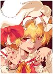  1girl ascot blonde_hair fang flandre_scarlet frills hat hat_ribbon highres medium_hair mob_cap open_mouth red_background red_eyes red_ribbon ribbon simple_background solo touhou upper_body user_tgtt4528 yellow_ascot 