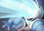  absurdres black_eyes blastoise claws commentary_request fang furrowed_brow grey_background highres kikken no_humans open_mouth pokemon pokemon_(creature) shoulder_cannon solo 
