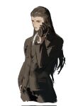  1boy black_gloves black_hair black_jacket black_necktie black_pants black_suit brown_eyes cellphone collared_shirt commentary cropped_legs dress_shirt english_commentary expressionless facial_mark final_fantasy final_fantasy_vii forehead_mark gloves hair_slicked_back hand_on_own_hip highres holding holding_phone jacket kojimarie long_hair long_sleeves looking_to_the_side male_focus necktie open_mouth pants phone shirt simple_background solo suit suit_jacket talking talking_on_phone tseng upper_body white_background white_shirt 