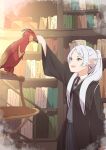  1girl absurdres bird book bookshelf crossover earrings elf fawkes frieren green_eyes harry_potter_(series) highres jewelry kaai_yuu long_hair necktie open_mouth phoenix pointy_ears skirt solo sousou_no_frieren sweater twintails white_hair wizarding_world 