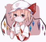  1girl ascot blonde_hair closed_mouth crystal flandre_scarlet gloves hat hat_ribbon highres medium_hair mob_cap nacht_musik pointy_ears red_eyes red_ribbon ribbon short_sleeves simple_background solo touhou upper_body white_gloves wings yellow_ascot 