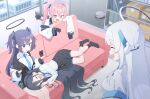  4girls :d ^_^ aris_(blue_archive) black_gloves black_hair black_jacket black_skirt black_socks blue_archive blue_eyes blue_necktie closed_eyes commentary_request couch fingerless_gloves gloves hair_between_eyes hair_spread_out half_gloves halo headgear highres indoors jacket koyuki_(blue_archive) long_hair lying mechanical_halo multiple_girls necktie noa_(blue_archive) on_couch open_mouth pink_eyes pink_hair purple_hair quarterlift shirt sitting skirt smile socks twintails two_side_up very_long_hair white_hair white_halo white_shirt yuuka_(blue_archive) 