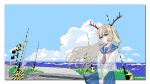  1girl alternate_costume antlers blonde_hair blue_sailor_collar blue_skirt blue_sky border cel_shading closed_mouth clouds commentary_request cowboy_shot expressionless grass green_eyes highres horizon horns long_hair looking_afar masuo_insu medium_bangs nanashi_inc. neckerchief ocean outside_border own_hands_together railroad_crossing red_neckerchief road sailor_collar school_uniform serafuku shirt shoujo_rei_(vocaloid) skirt sky solo transparent tsukinoki_tirol utility_pole waves white_border white_shirt 