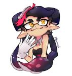 1girl :3 artist_name bare_shoulders black_bodysuit black_hair bodysuit callie_(splatoon) commentary cropped_torso cross-shaped_pupils detached_collar earrings english_commentary fangs gloves hair_ornament hands_on_own_face highres jewelry long_eyelashes long_hair looking_to_the_side m4ymask multicolored_hair pointy_ears portrait solo splatoon_(series) strapless_bodysuit symbol-shaped_pupils tentacle_hair twintails two-tone_hair very_long_hair white_gloves white_hair yellow_eyes