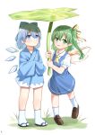  2girls absurdres blue_bow blue_dress blue_hair blue_kimono blush bow cirno daiyousei dress fairy_wings green_eyes green_hair hair_bow hair_ribbon highres holding ice ice_wings japanese_clothes jiangshibu!@#$ kimono leaf leaf_umbrella multiple_girls open_mouth pointy_ears puffy_short_sleeves puffy_sleeves ribbon short_hair short_sleeves side_ponytail socks touhou white_socks wings yellow_bow 