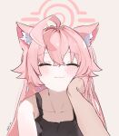  1girl :3 ^_^ ahoge animal_ear_fluff animal_ears artist_name black_shirt blue_archive blush cat_ears closed_eyes closed_mouth collarbone dated grey_background hair_between_eyes halo hand_on_another&#039;s_cheek hand_on_another&#039;s_face highres hoshino_(blue_archive) kemonomimi_mode long_hair pink_hair pink_halo pov sanll_lu shirt simple_background sleeveless sleeveless_shirt solo_focus upper_body 
