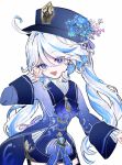  1girl :d absurdres ahoge ascot blue_ascot blue_eyes blue_hair blue_headwear blue_shirt brooch commentary_request cosplay cowboy_shot furina_(genshin_impact) genshin_impact highres hu_tao_(genshin_impact) hu_tao_(genshin_impact)_(cosplay) jewelry long_hair long_sleeves looking_at_viewer multicolored_hair open_mouth shirt sikaku smile solo standing streaked_hair twintails very_long_hair white_hair wide_sleeves 