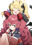  2girls :d alternate_hairstyle armband black_horns black_jacket black_ribbon black_tail black_wings blonde_hair blue_archive blush book closed_eyes demon_tail demon_wings grey_eyes grey_jacket hair_ribbon halo hand_up highres horns ibuki_(blue_archive) iroha_(blue_archive) jacket light_smile multiple_girls necktie open_mouth pointy_ears red_necktie redhead ribbon ro/ku safety_pin simple_background sleeves_past_fingers sleeves_past_wrists small_horns smile tail twintails wavy_hair white_background wings 