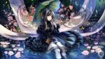  1girl black_dress black_gloves black_hair blue_eyes blunt_bangs dress frilled_dress frills gloves gothic_lolita grey_hair holding holding_umbrella hololive hololive_dev_is juufuutei_raden lily_pad lolita_fashion long_hair looking_at_viewer multicolored_hair pantyhose sidelocks smile streaked_hair tiprip_kk umbrella virtual_youtuber wading water water_lily_flower white_pantyhose 