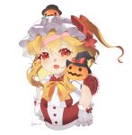  1girl absurdres ascot blonde_hair fang flandre_scarlet hat hat_ribbon highres jack-o&#039;-lantern medium_hair open_mouth penguin72 red_eyes red_ribbon ribbon side_ponytail simple_background solo touhou upper_body white_background witch_hat yellow_ascot 