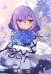  1girl absurdres atsuko_(blue_archive) blue_archive blue_flower blue_halo blush bouquet braid closed_mouth dress falling_petals flower frilled_socks frills hair_between_eyes halo highres holding holding_bouquet hood hood_up hooded_jacket jacket long_hair mikumiku37 petals purple_hair red_eyes smile socks solo twin_braids violet_(flower) white_dress white_jacket white_socks 