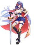  1girl absurdres alear_(female)_(fire_emblem) alear_(fire_emblem) armor blue_eyes blue_hair breasts cape crossed_bangs fire_emblem fire_emblem_engage garter_straps gonzarez hand_on_own_hip heterochromia highres large_breasts long_hair miniskirt multicolored_hair planted planted_sword red_eyes redhead skirt solo sword thigh-highs tiara two-tone_hair very_long_hair weapon white_background zettai_ryouiki 