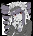  1girl black_background black_jacket blunt_bangs celestia_ludenberg center_frills danganronpa:_trigger_happy_havoc danganronpa_(series) drill_hair frills grey_shirt hand_up headdress jacket muro_(n4qhv9) open_clothes open_jacket red_eyes shirt smile solo twin_drills twintails white_background 