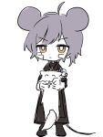  &gt;:( 1boy 1girl animal animal_ears asymmetrical_hair bandage_on_face bandages black_coat bright_pupils chibi coat fox haku_eckaran happy_saint_sheol holding holding_animal mouse_boy mouse_ears ok_o_o purple_hair securett_rafe short_hair sketch solo standing v-shaped_eyebrows violet_eyes white_background white_pupils 