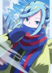  1boy blue_mittens blue_scarf clouds day dusk_poke27 eyelashes grusha_(pokemon) hand_up highres jacket long_hair long_sleeves looking_at_viewer male_focus mittens mixed-language_commentary outdoors pokemon pokemon_sv scarf scarf_over_mouth signature sky solo upper_body yellow_jacket 