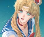  1girl artist_name bishoujo_senshi_sailor_moon blonde_hair blue_eyes choker circlet close-up dated earrings jewelry meme on_ground red_choker sailor_moon_redraw_challenge_(meme) sweatdrop thai_commentary tsukino_usagi twintails vrekx_x 