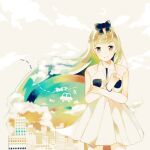  1girl black_bow blonde_hair bow bracelet breast_pocket building car city closed_mouth clouds collared_dress cowboy_shot crescent dress flying_car hair_bow jewelry kameko_(turtle-pot) long_hair looking_at_viewer motor_vehicle original pleated_dress pocket smile solo standing white_dress 