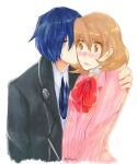 1boy 1girl blue_hair brown_eyes brown_hair couple kissing_cheek persona_3 takeba_yukari yuuki_makoto