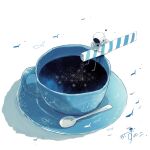  1other absurdres astronaut bag blue_theme cup fish from_above from_side helmet highres kazunoko_(kazunoko_zunoco) original pouring radio_antenna saucer signature simple_background sitting sky solo space space_helmet spoon star_(sky) starry_sky sugar_(food) surreal teacup 