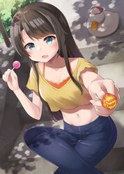  1girl bird blue_eyes blue_pants blush brown_hair candy cropped_shirt crossed_legs duck food highres holding holding_candy holding_food holding_lollipop hololive lollipop long_hair looking_at_viewer navel nero_(starlightbrakerexfb) oozora_subaru open_mouth pants shirt sidelocks smile subaru_duck virtual_youtuber yellow_shirt 