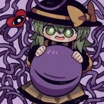  1girl black_headwear blush bright_pupils collared_shirt frilled_shirt frilled_shirt_collar frilled_skirt frilled_sleeves frills green_eyes green_hair green_skirt hair_between_eyes hat hat_ornament hat_ribbon heart holding_limb komeiji_koishi long_hair long_sleeves open_mouth purple_background ribbon shirt simple_background skirt smile tentacles third_eye touhou veins white_pupils yellow_ribbon yellow_shirt zunusama 