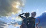  2boys :3 arm_up armor bishounen blue_clouds blue_sky breastplate brown_hair clouds cloudy_sky elbow_gloves fingerless_gloves from_behind gloves granblue_fantasy hair_between_eyes hand_up highres hood hood_down long_sleeves looking_at_another looking_up lucifer_(shingeki_no_bahamut) male_focus messy_hair multiple_boys red_scarf sandalphon_(granblue_fantasy) scarf short_hair short_sleeves sky smile t_of_game turtleneck twilight yellow_clouds 