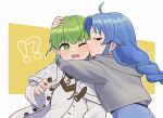  !? 1boy 1girl ahoge blue_hair blush brother_and_sister closed_eyes commission embarrassed green_eyes grey_hair hand_on_another&#039;s_head highres hug kiss kissing_cheek lara_greyrat long_hair mushoku_tensei open_mouth pixiv_commission shirt siblings sieghart_saladin_greyrat simple_background smile sweater teeth upper_body upper_teeth_only urin_(littleurin) white_shirt white_sweater 