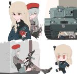  2girls beret blonde_hair blue_jacket braid caterpillar_tracks character_doll closed_mouth cropped_torso expressionless fingerless_gloves full_body fumo_(doll) g36c_(girls&#039;_frontline) girls_frontline gloves grey_hair gun hair_ornament hair_over_one_eye hat highres holding holding_gun holding_weapon jacket leopard_2 long_hair looking_at_viewer maplenecktele military military_vehicle motor_vehicle multiple_girls multiple_views red_eyes red_headwear sitting skirt sp9_(girls&#039;_frontline) tank uniform weapon 