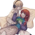  2girls :| blonde_hair blue_jacket blue_shirt book bow brown_eyes cheek_pinching closed_mouth collared_shirt green_eyes hair_bow holding holding_book holding_phone hood hood_down hoodie inuko_(ink0425) jacket long_hair long_sleeves looking_at_another lying lying_on_lap multiple_girls on_back original phone pillow pinching pleated_skirt redhead shirt short_hair simple_background sitting skirt sleeves_past_wrists white_background white_bow white_hoodie yuri 