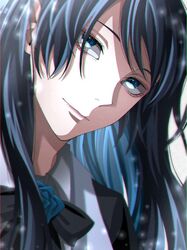  1girl ado_(utaite) black_bow black_bowtie black_coat black_hair blue_eyes blue_flower blue_hair blue_rose blurry bow bowtie chando_(ado) chromatic_aberration closed_mouth cloud_nine_inc coat collared_shirt colored_inner_hair commentary_request depth_of_field film_grain flower flower_brooch head_tilt keeko_(kk_0012) light_particles looking_at_viewer mole mole_under_eye multicolored_hair portrait rose shade shadow shirt sidelocks solo two-tone_hair utaite white_shirt 