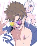  2boys :d @_43517 asymmetrical_eyewear aviator_sunglasses belial_(granblue_fantasy) bishounen brown_hair collarbone expressionless from_side granblue_fantasy granblue_fantasy_versus:_rising grin hair_between_eyes hand_up jacket korean_commentary looking_at_viewer lucilius_(granblue_fantasy) male_focus messy_hair multiple_boys open_clothes open_jacket purple_jacket red_eyes short_hair sketch smile sparkle spiky_hair sunglasses topless_male white_background white_hair 