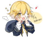  1boy bandage_over_one_eye bandages blonde_hair blue_capelet capelet dated drawn_wings hair_between_eyes hands_on_own_cheeks hands_on_own_face heart looking_at_viewer male_focus minahoshi_taichi oliver_(vocaloid) open_mouth ribbon short_hair smile solo sparkle vocaloid watermark yellow_eyes yellow_ribbon 