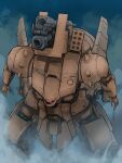  absurdres from_above gundam gundam_0083 highres howitzer looking_at_viewer mecha mecha_kaku_man missile_pod mobile_suit mono-eye robot simple_background smoke xamel zeon 