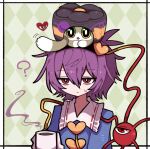  1girl ? animal animal_on_head animalization argyle argyle_background bags_under_eyes black_eyes black_hairband blue_shirt bright_pupils buttons cat cat_on_head closed_mouth critter_pick_(honkai:_star_rail) cup diamond_(shape) film_grain frilled_shirt frilled_shirt_collar frilled_sleeves frills green_background green_cat green_eyes hair_between_eyes hair_ornament hairband hand_up heart heart_button heart_hair_ornament holding holding_cup honkai:_star_rail honkai_(series) komeiji_koishi komeiji_koishi_(cat) komeiji_satori long_sleeves medium_hair motion_lines multicolored_eyes on_head purple_hair red_eyes rhombus_background ribbon-trimmed_collar ribbon_trim shirt siblings sisters third_eye tongue tongue_out touhou upper_body white_cat white_pupils yellow_eyes zunusama 