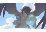  1boy ball beachball bishounen brown_hair brown_wings clouds cloudy_sky feathered_wings granblue_fantasy hair_between_eyes highres hood jacket light_smile male_focus messy_hair official_alternate_costume open_clothes open_jacket red_eyes sandalphon_(granblue_fantasy) short_hair sky solo_focus summer t_of_game topless_male wings 