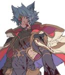  1boy animal_ears armor black_shirt blood blood_on_clothes blood_on_face cape clothing_cutout empty_eyes erune flat_color gold_trim granblue_fantasy grey_eyes grey_hair hip_armor hood hood_down looking_to_the_side male_focus mask mask_over_one_eye red_cape seox_(granblue_fantasy) shirt short_hair side_cutout sketch skihrsdn solo_focus spiky_hair white_background wolf_ears 